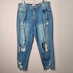 Petra 153 Womens High Rise Distressed Mom Jeans Medium Wash Size 15/31 Raw Hem